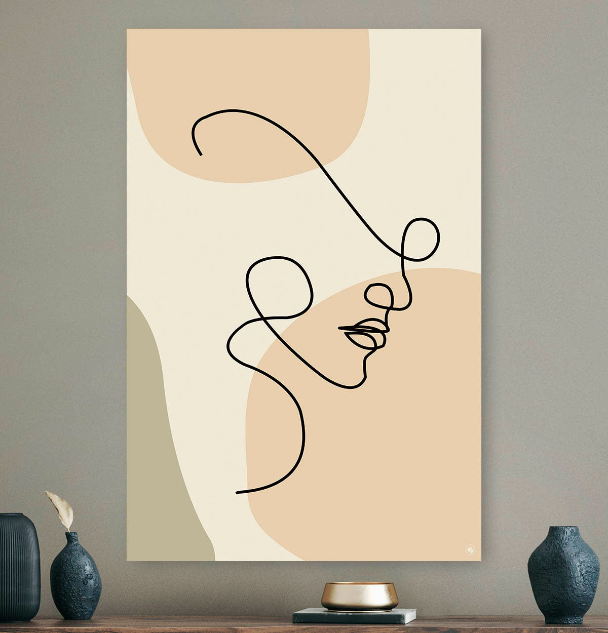 Vierkante wanddecoratie met modern gezicht in moderne kunst erop.