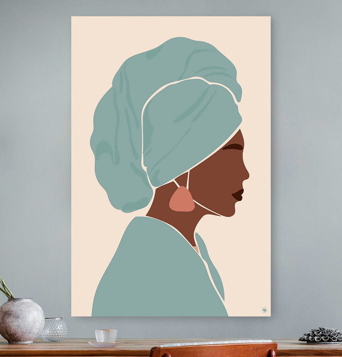 Vierkante wanddecoratie met Afrikaanse vrouw in moderne kunst erop.