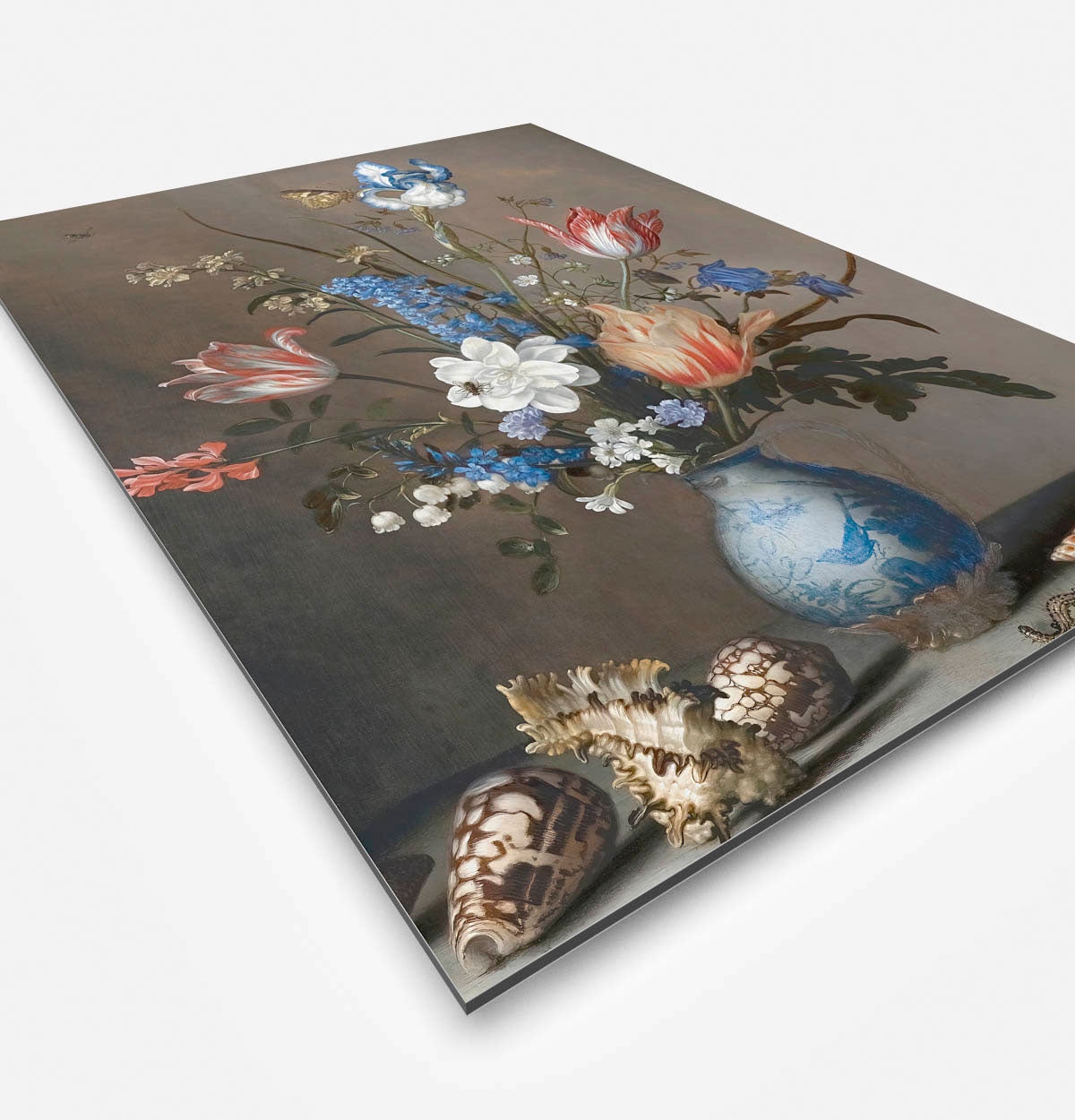 Vierkante wanddecoratie met stilleven van bloemen in Wan Li vaas erop.