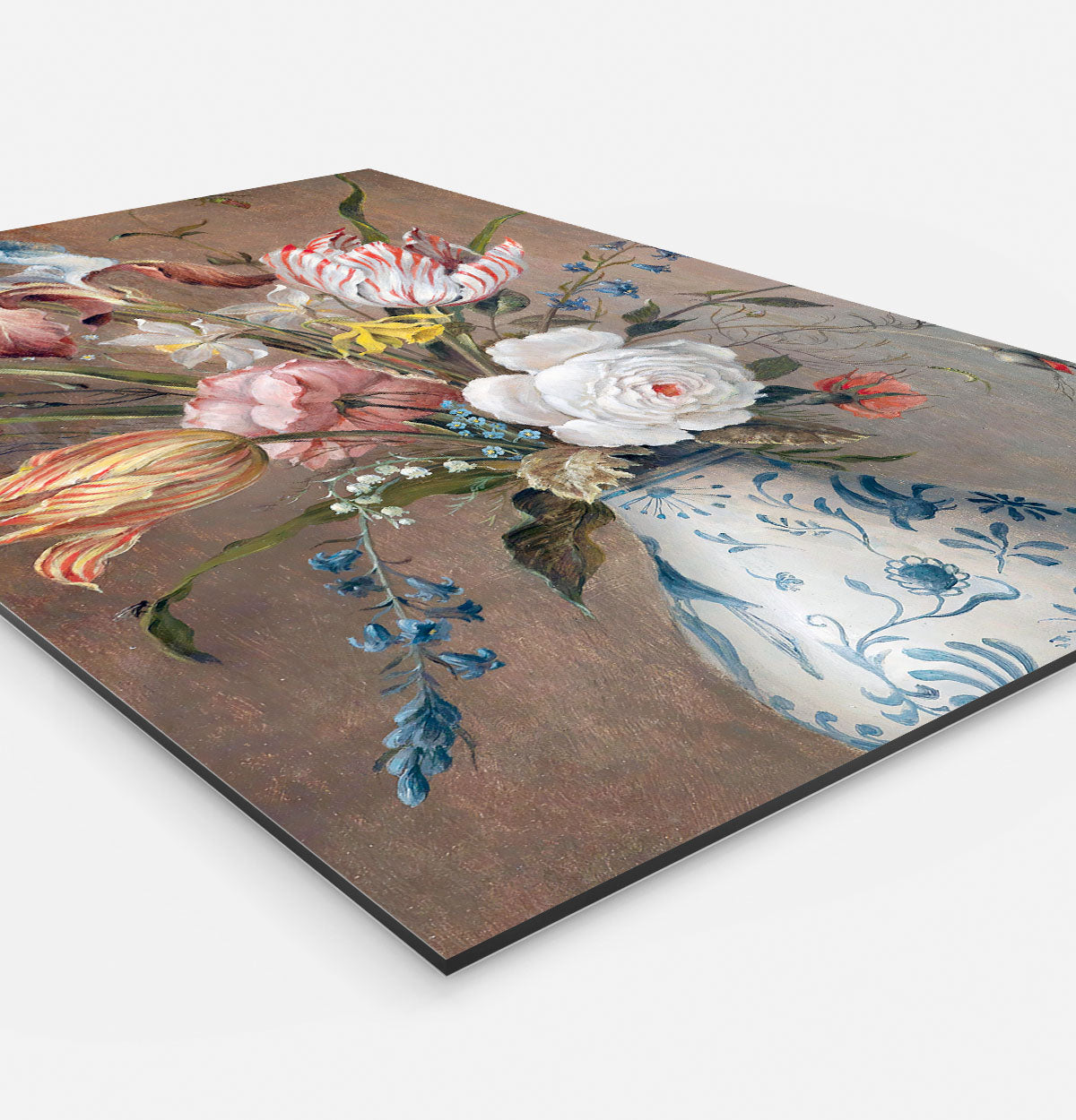 Vierkante Wanddecoratie met bloemstilleven mer porseleinen vaas rond.