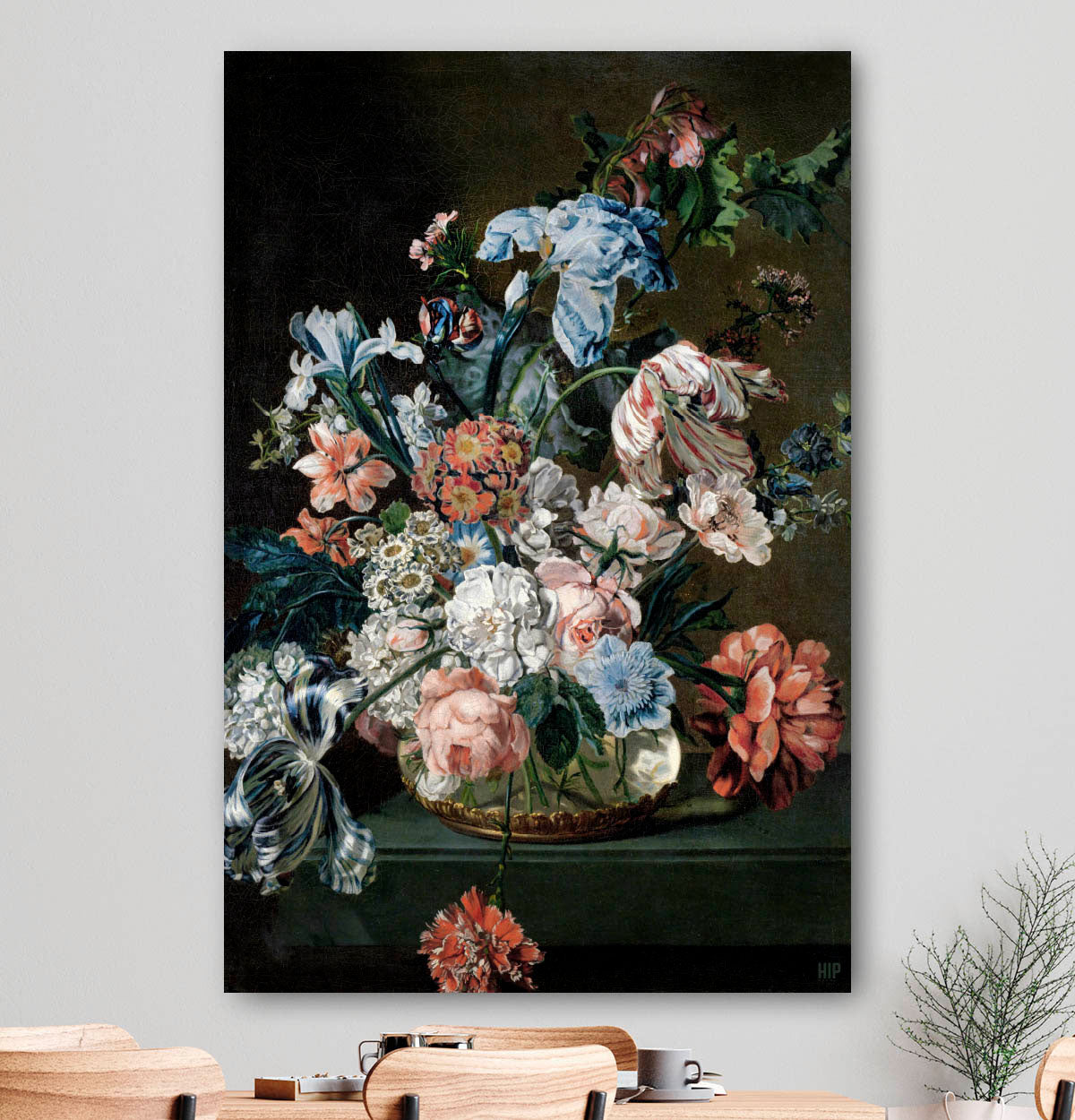 Vierkante wanddecoratie met stilleven met bloemen van der mijn erop.