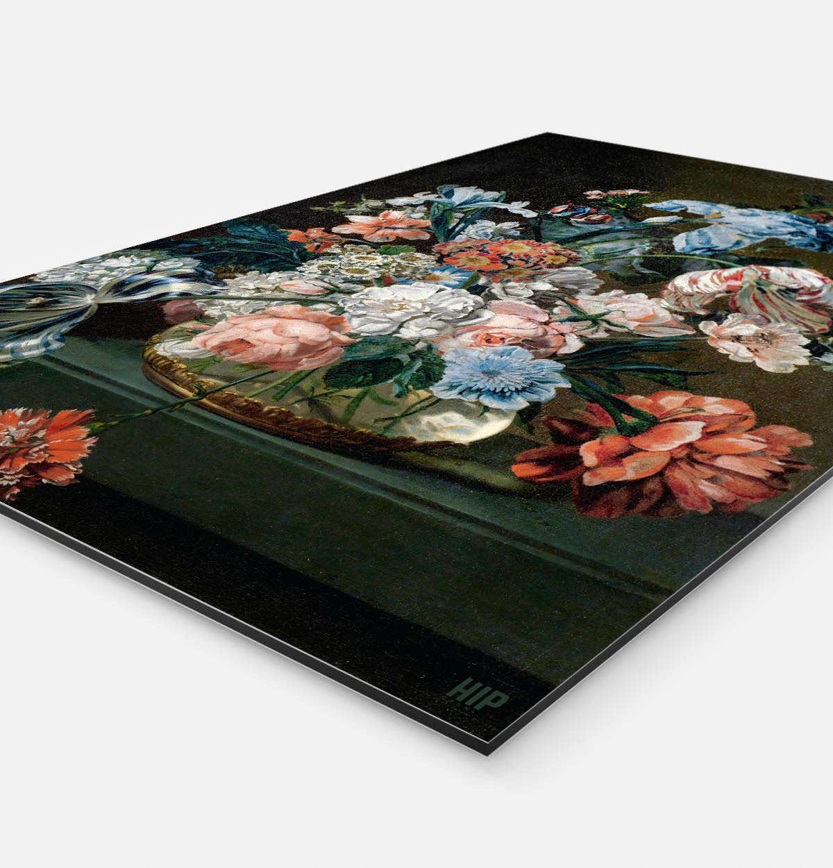 Vierkante wanddecoratie met stilleven met bloemen van der mijn erop.