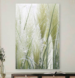 Vierkante wanddecoratie met wit Pampass gras erop.
