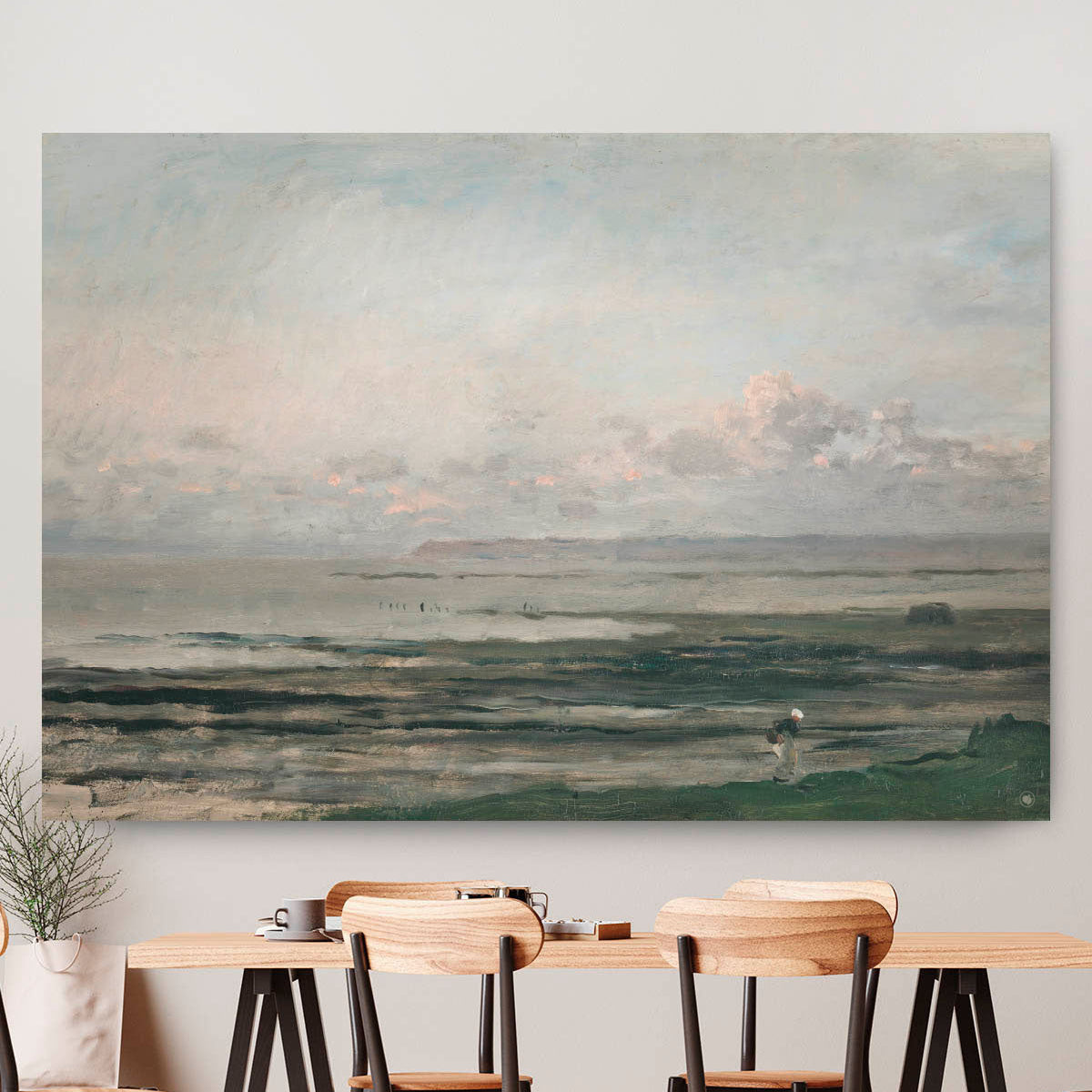 Vierkante wanddecoratie met zee van Daubigny erop.