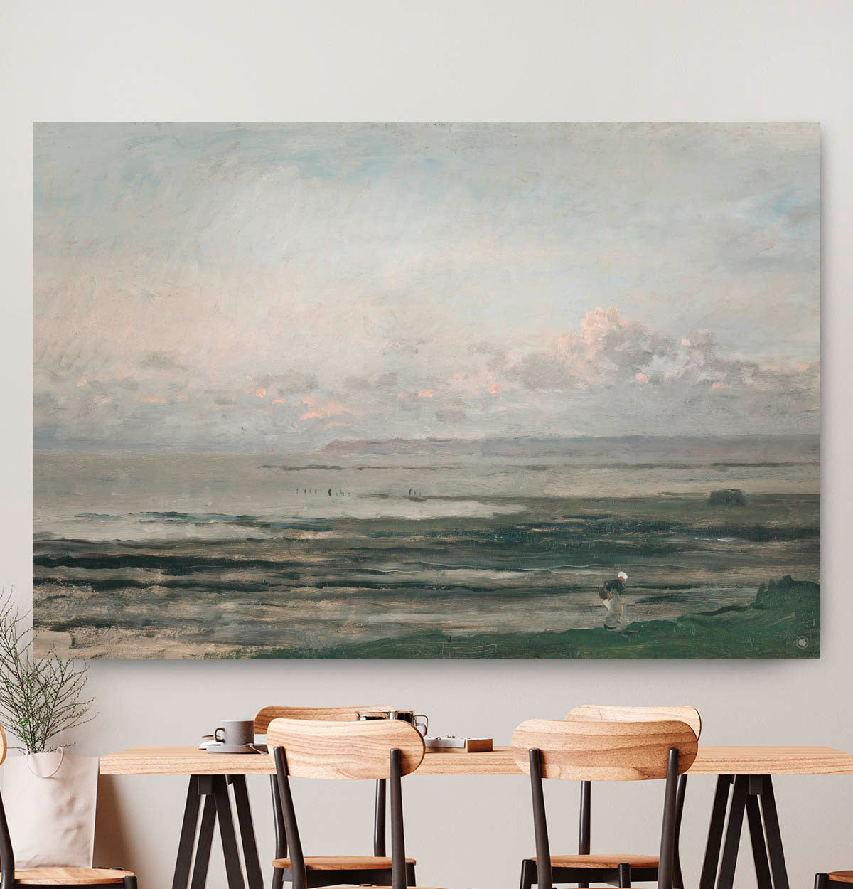 Vierkante wanddecoratie met zee van Daubigny erop.