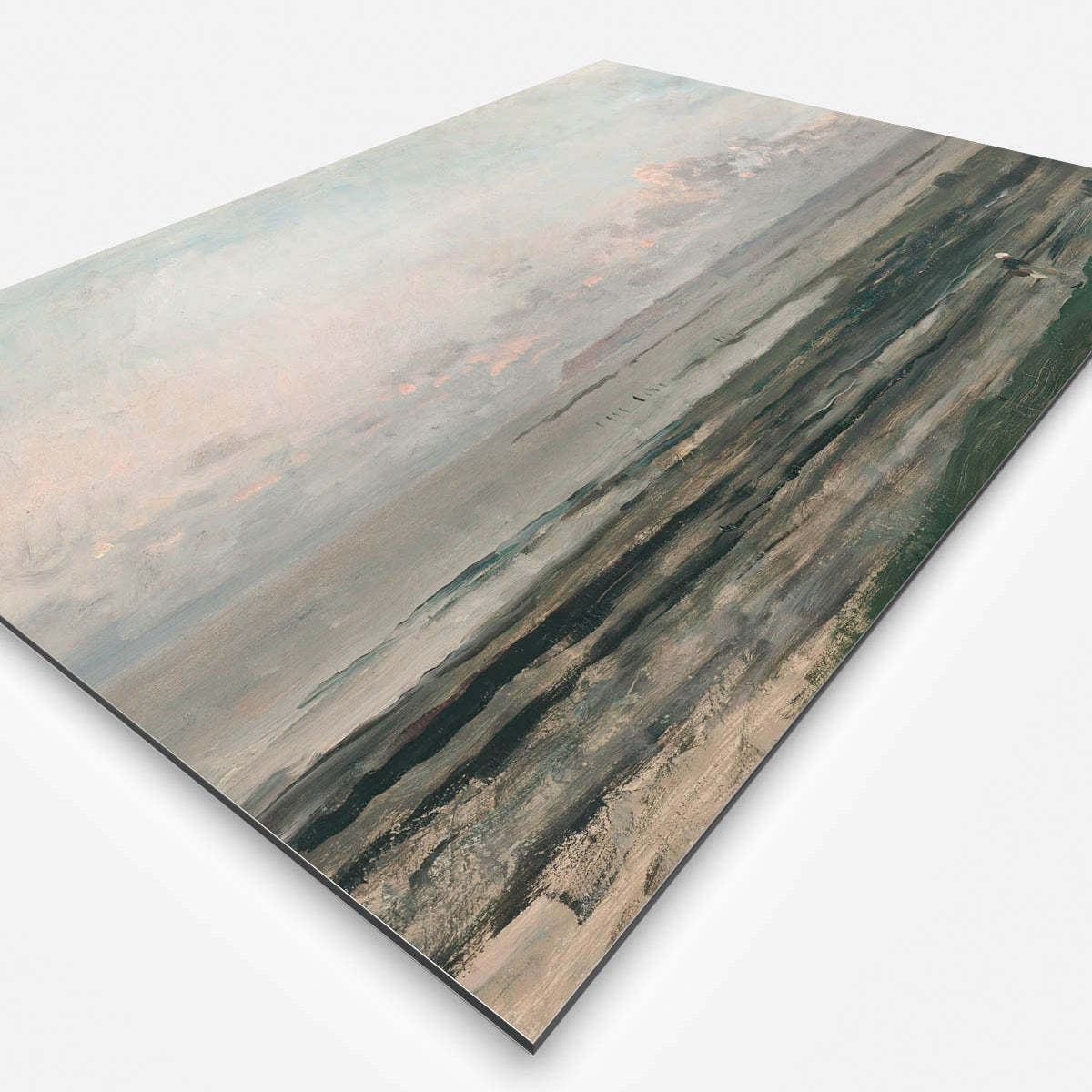 Vierkante wanddecoratie met zee van Daubigny erop.