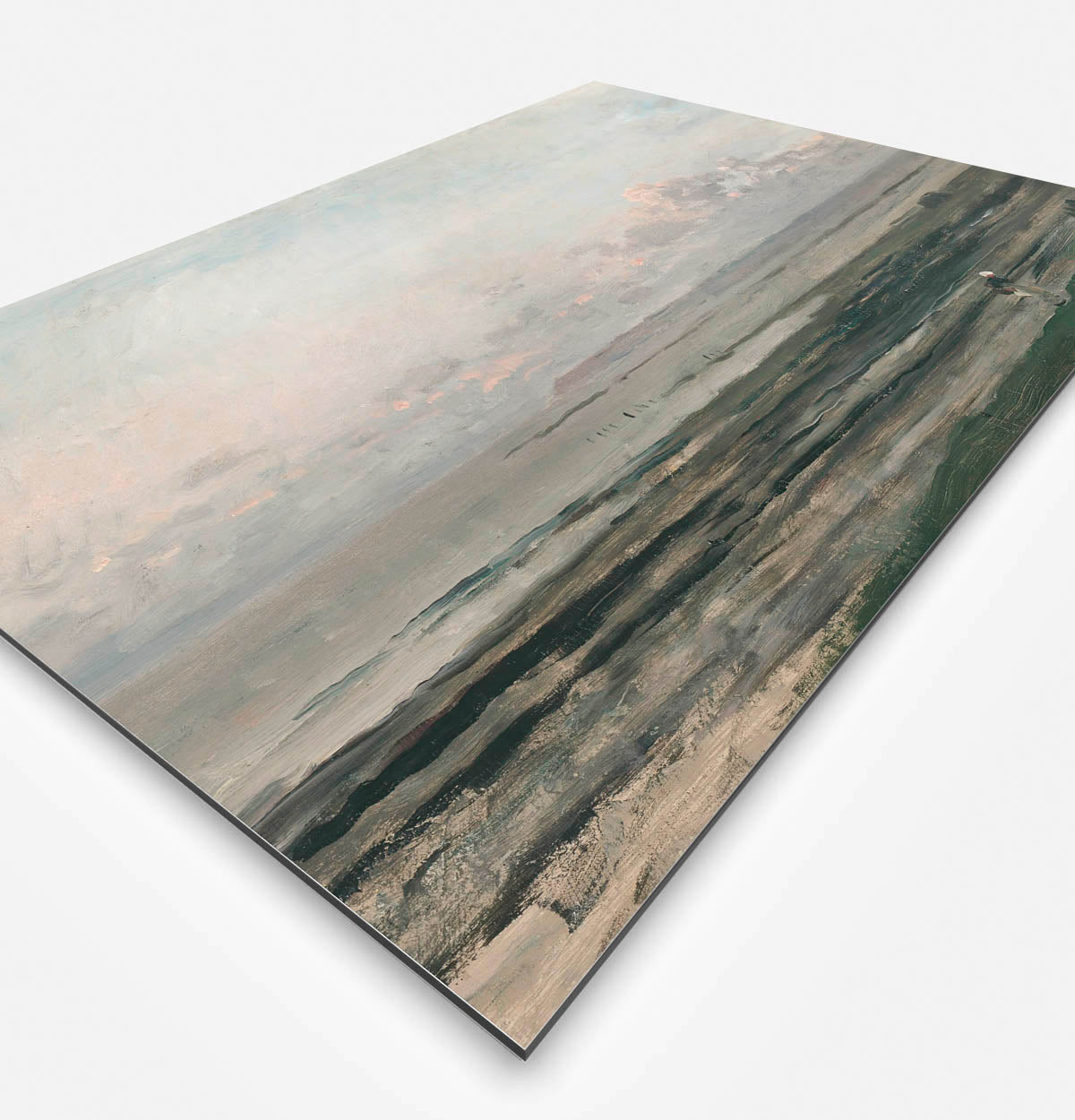 Vierkante wanddecoratie met zee van Daubigny erop.