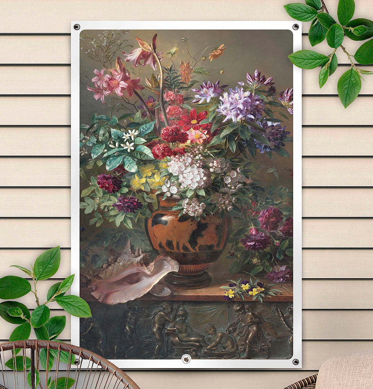 Vierkante poster met schildering van Stilleven met bloemen in een Griekse vaas