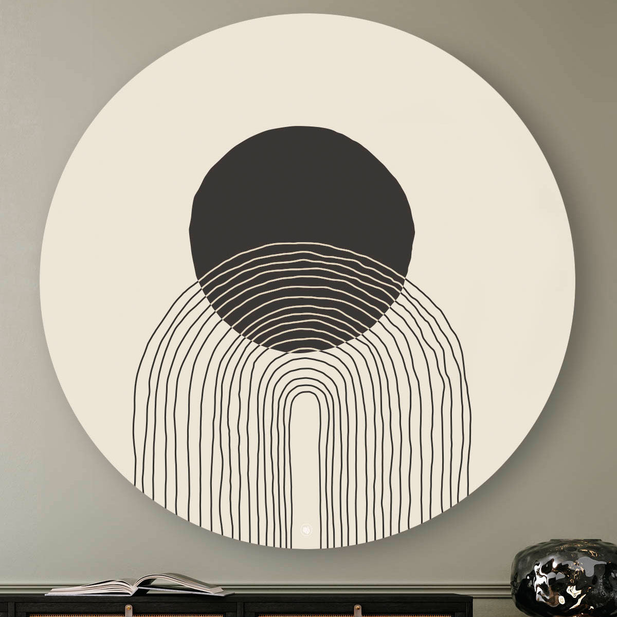 Wandcirkel aan de muur met lijnen in de vorm van een boog en een ronde cirkel voorzijde