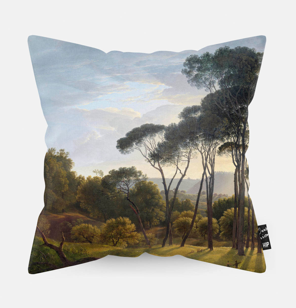 Kussen met schilderij van italiaans landschap met parasoldennen erop afgebeeld.