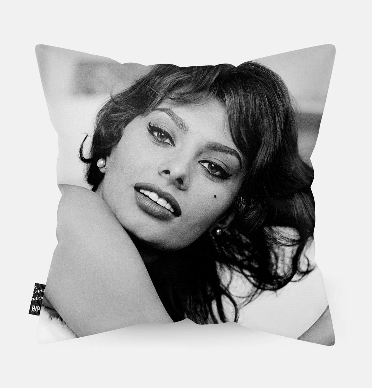 Achterzijde van een sierkussen met een zwart wit portret van Sophia Loren