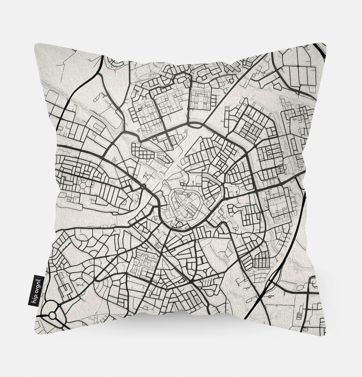 Achterzijde van sierkussen met kaart Amersfoort stad in zwart wit