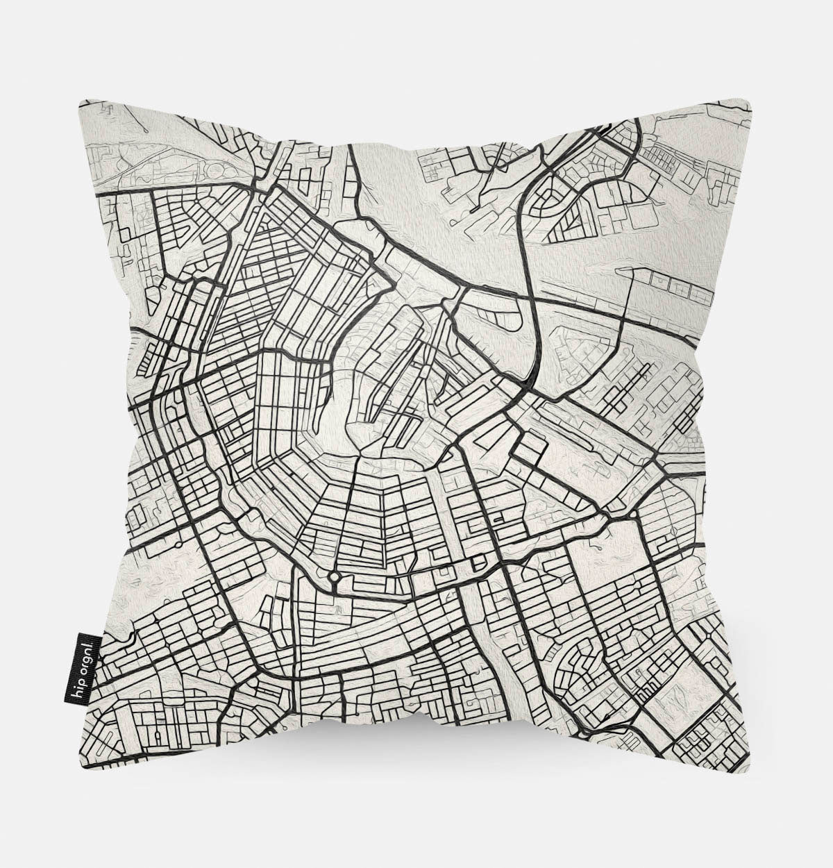 Achterzijde van sierkussen met kaart Amsterdam stad in zwart wit