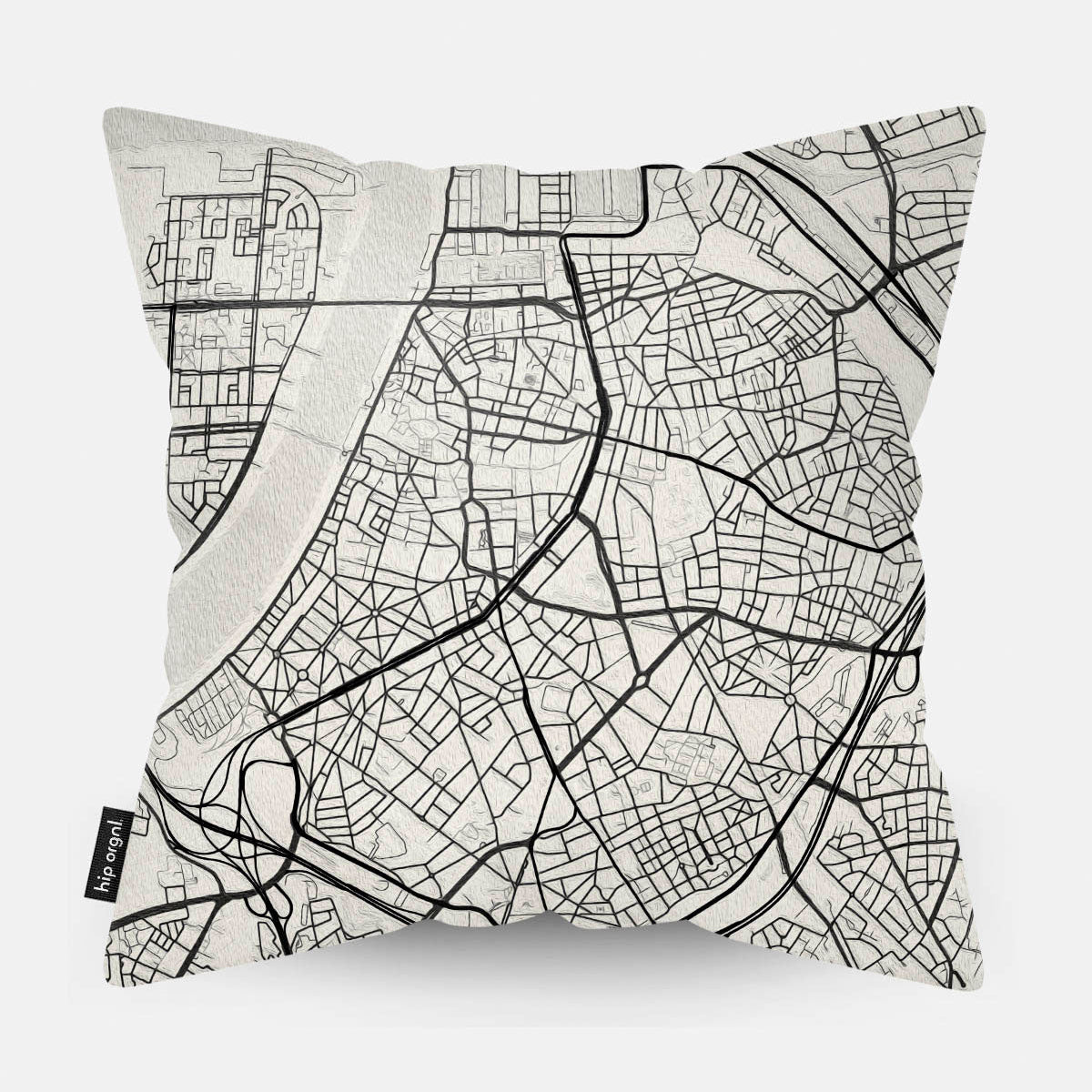 Achterzijde van sierkussen met kaart Antwerp stad in zwart wit