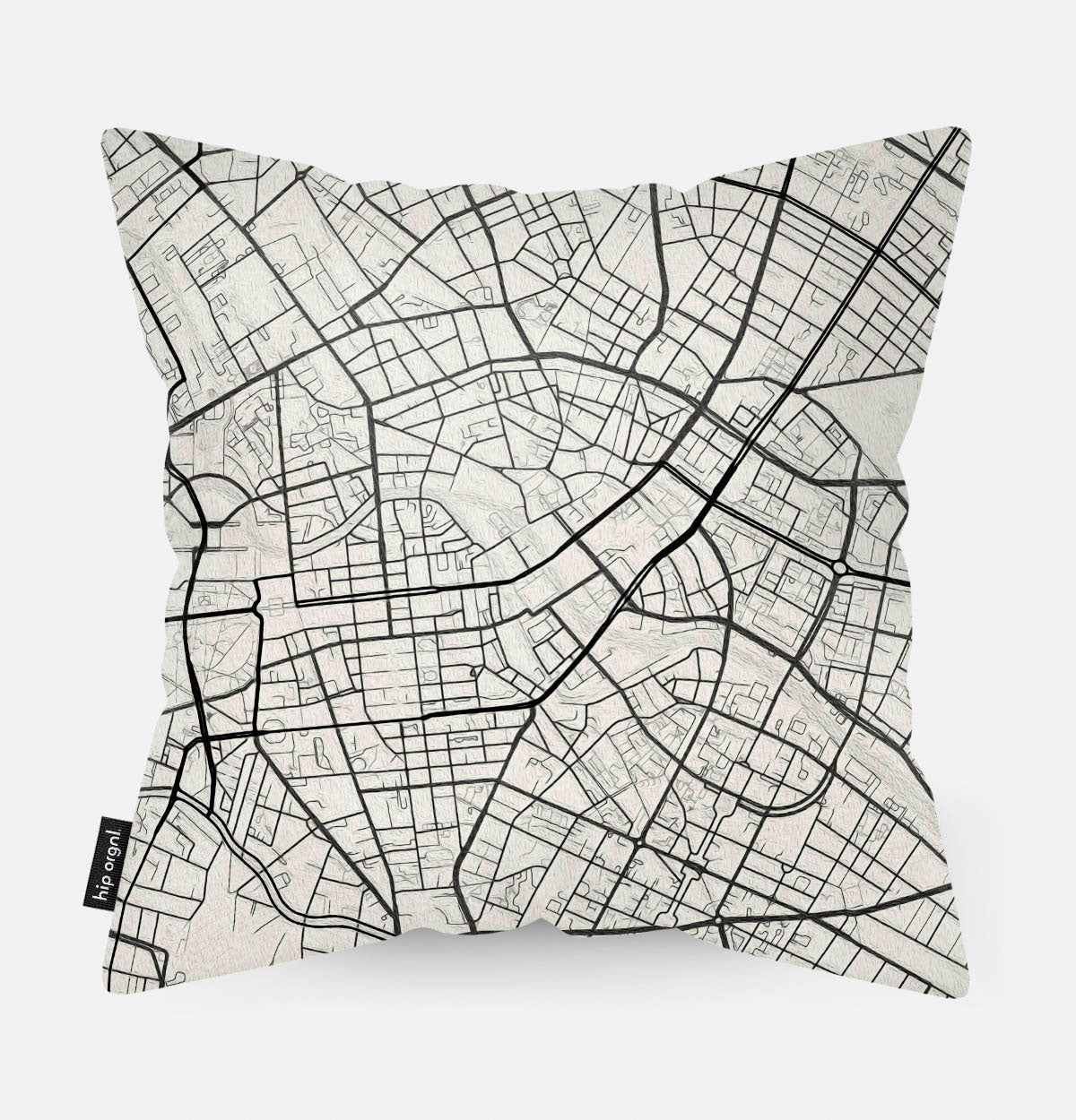 Achterzijde van sierkussen met kaart Berlijn stad in zwart wit