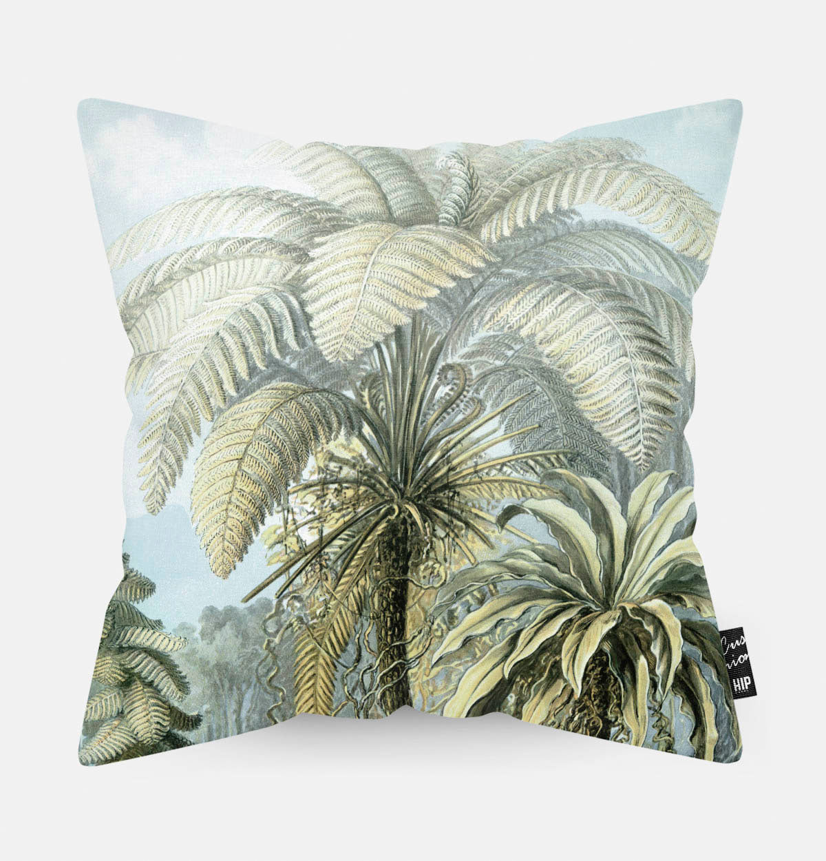Kussen met een groene palmboom in de jungle erop afgebeeld.
