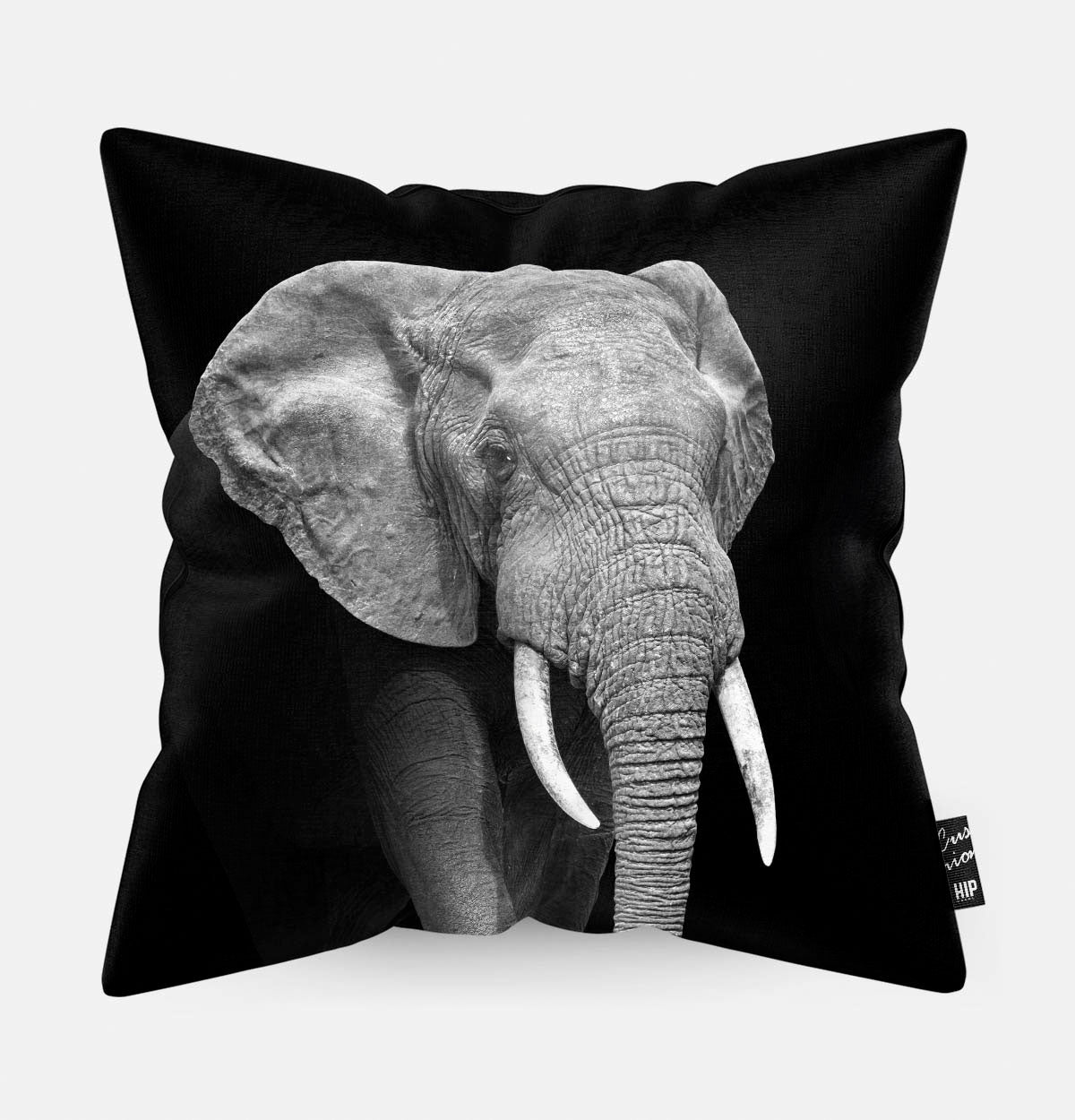 Kussen met een olifant in zwart-wit erop afgebeeld.