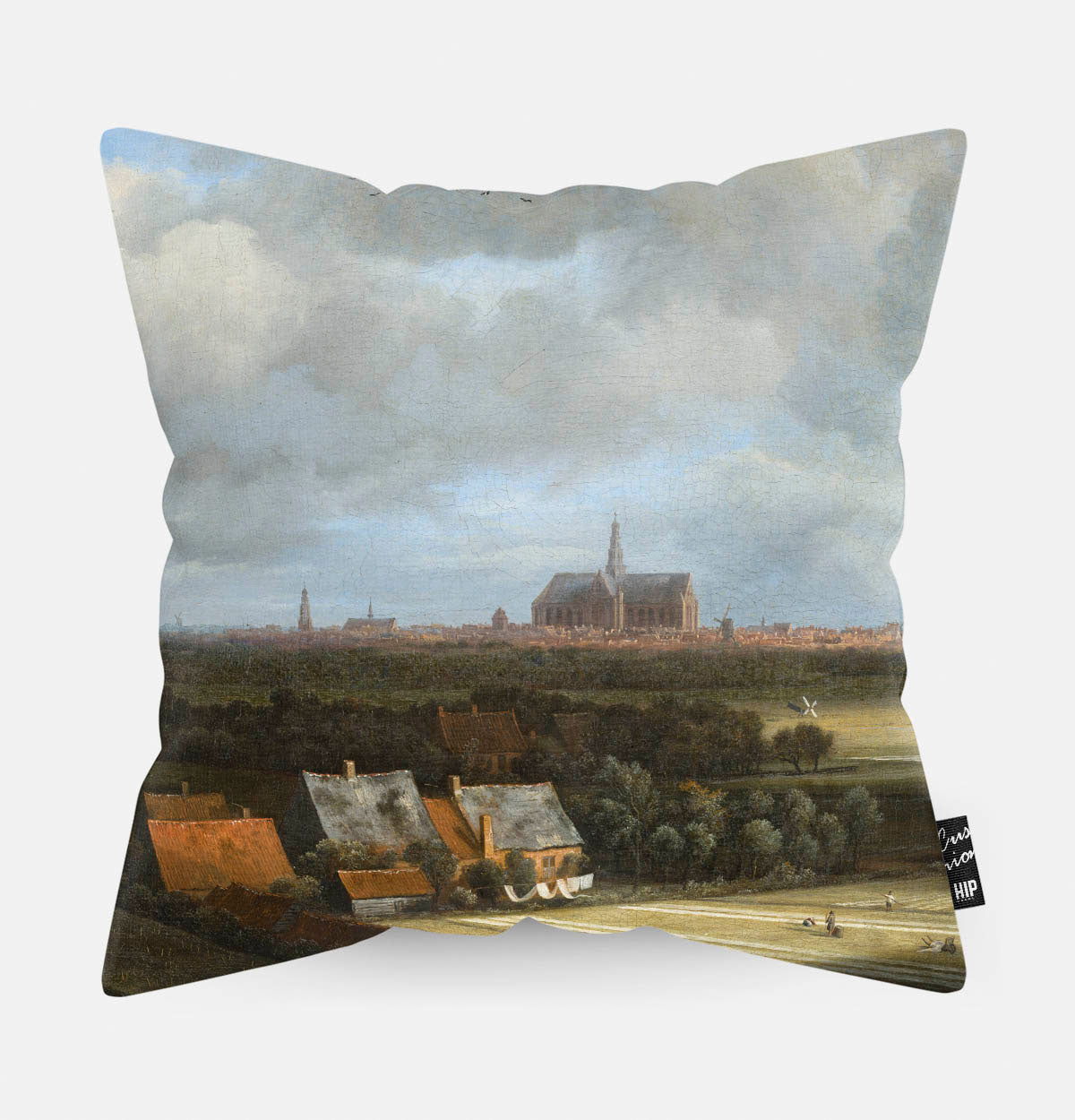 Kussen met schildering van Gezicht op Haarlem met bleekvelden erop afgebeeld.