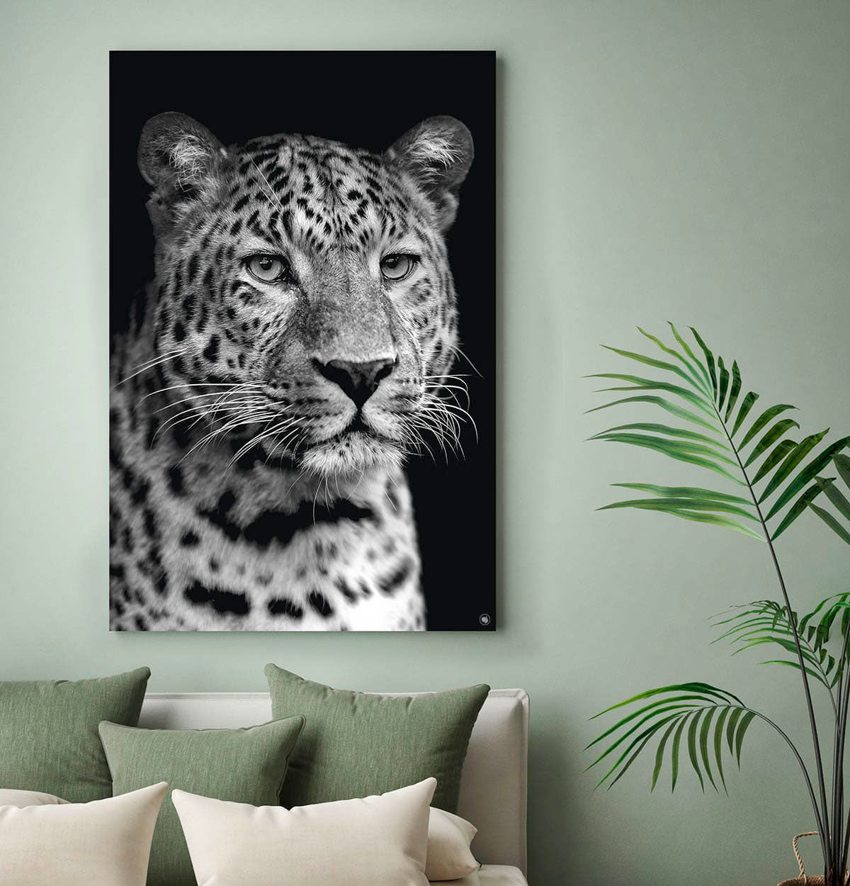 Vierkante wanddecoratie met een luipaard in het zwart-wit erop