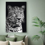 Vierkante wanddecoratie met een luipaard in het zwart-wit erop