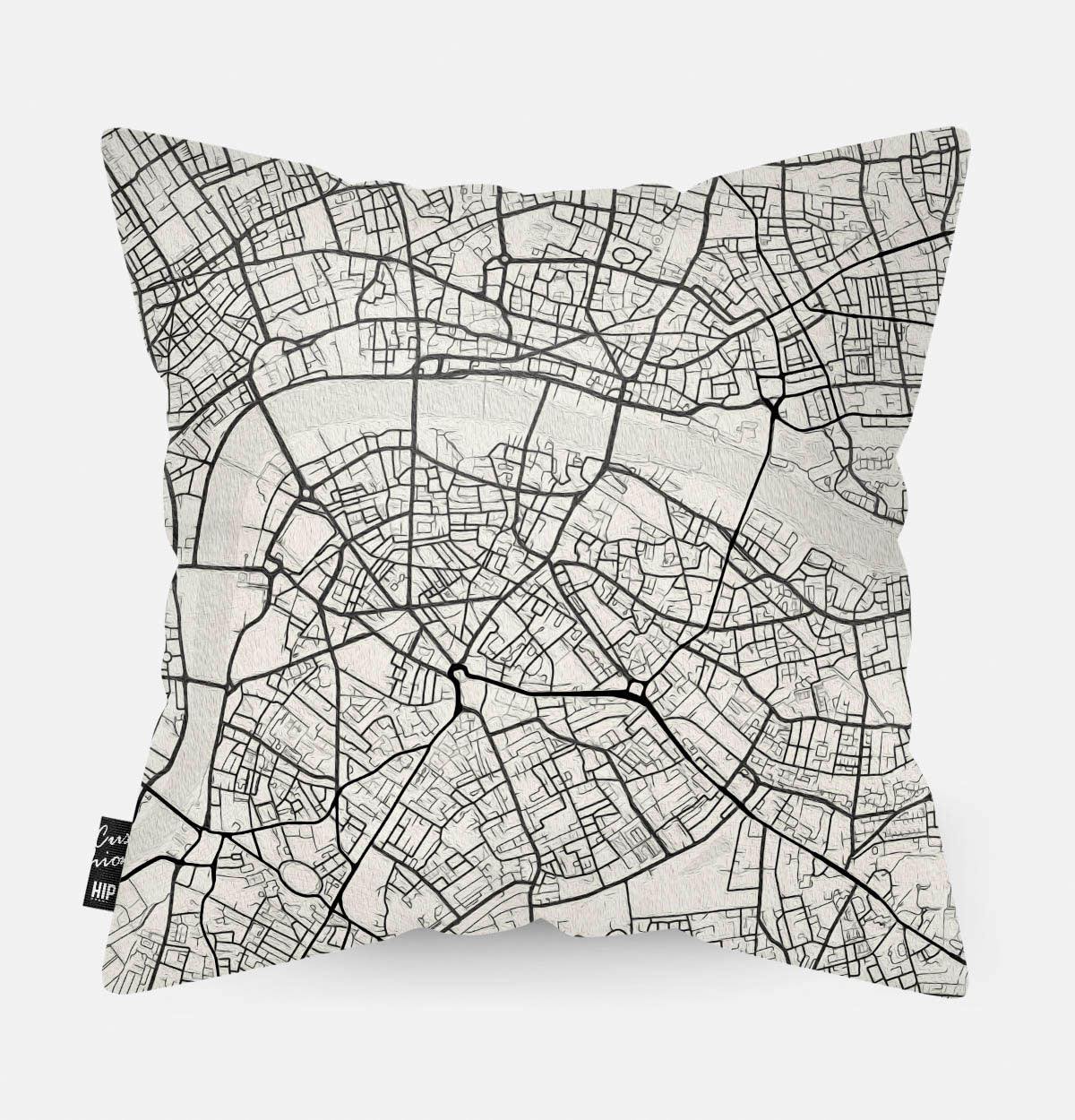 Achterzijde van sierkussen met kaart Londen stad in zwart wit