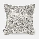 Achterzijde van sierkussen met kaart Londen stad in zwart wit