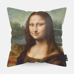 Kussen met schildering van de Mona Lisa erop afgebeeld.