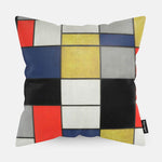 Sierkussen voorzijde met Mondriaan patroon rood, geel, grijs, blauw, wit