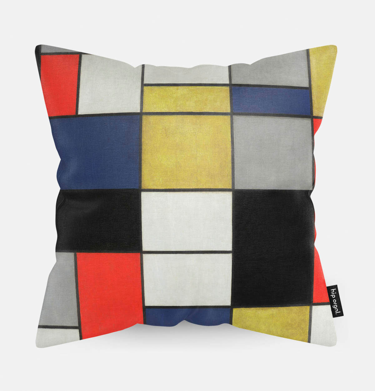 Sierkussen voorzijde met Mondriaan patroon rood, geel, grijs, blauw, wit