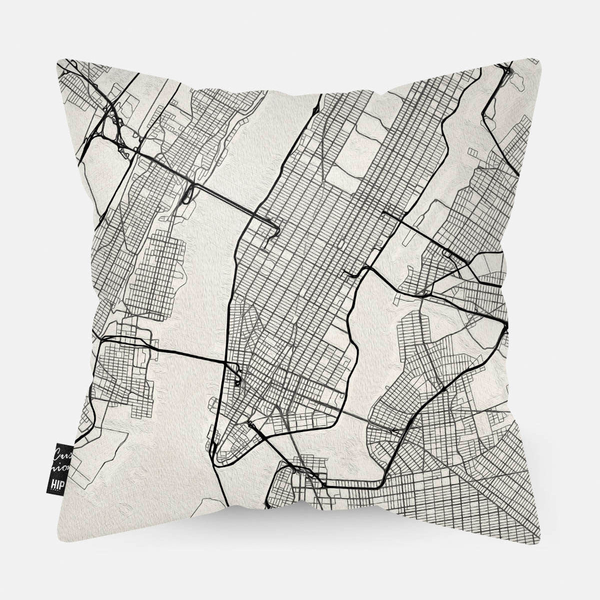 Achterzijde van sierkussen met kaart New York stad in zwart wit