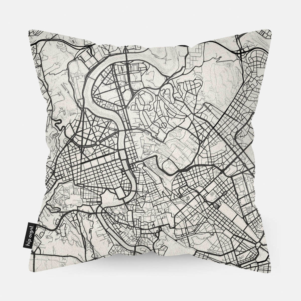 Achterzijde van sierkussen met kaart Rome stad in zwart wit
