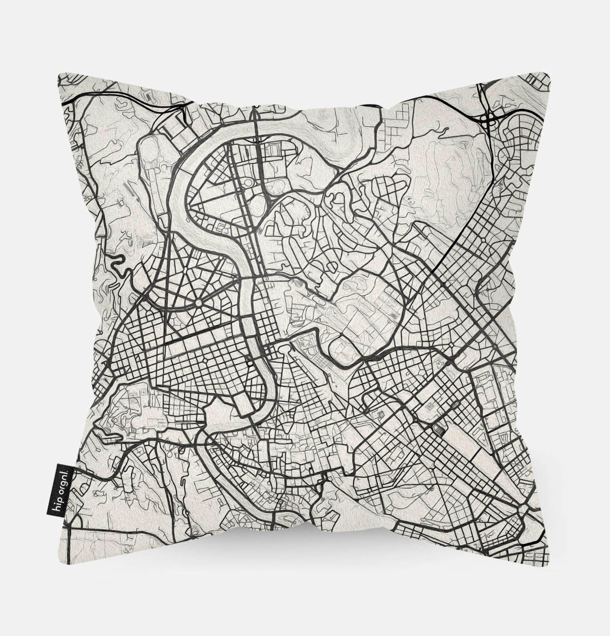 Achterzijde van sierkussen met kaart Rome stad in zwart wit