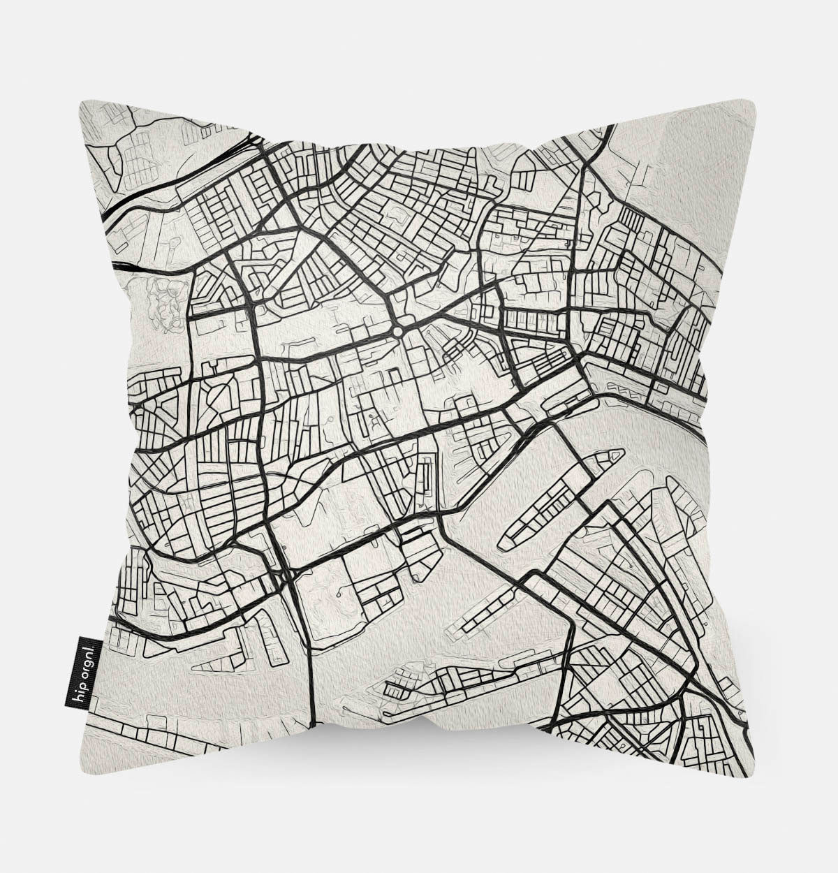 Achterzijde van sierkussen met kaart Rotterdam stad in zwart wit