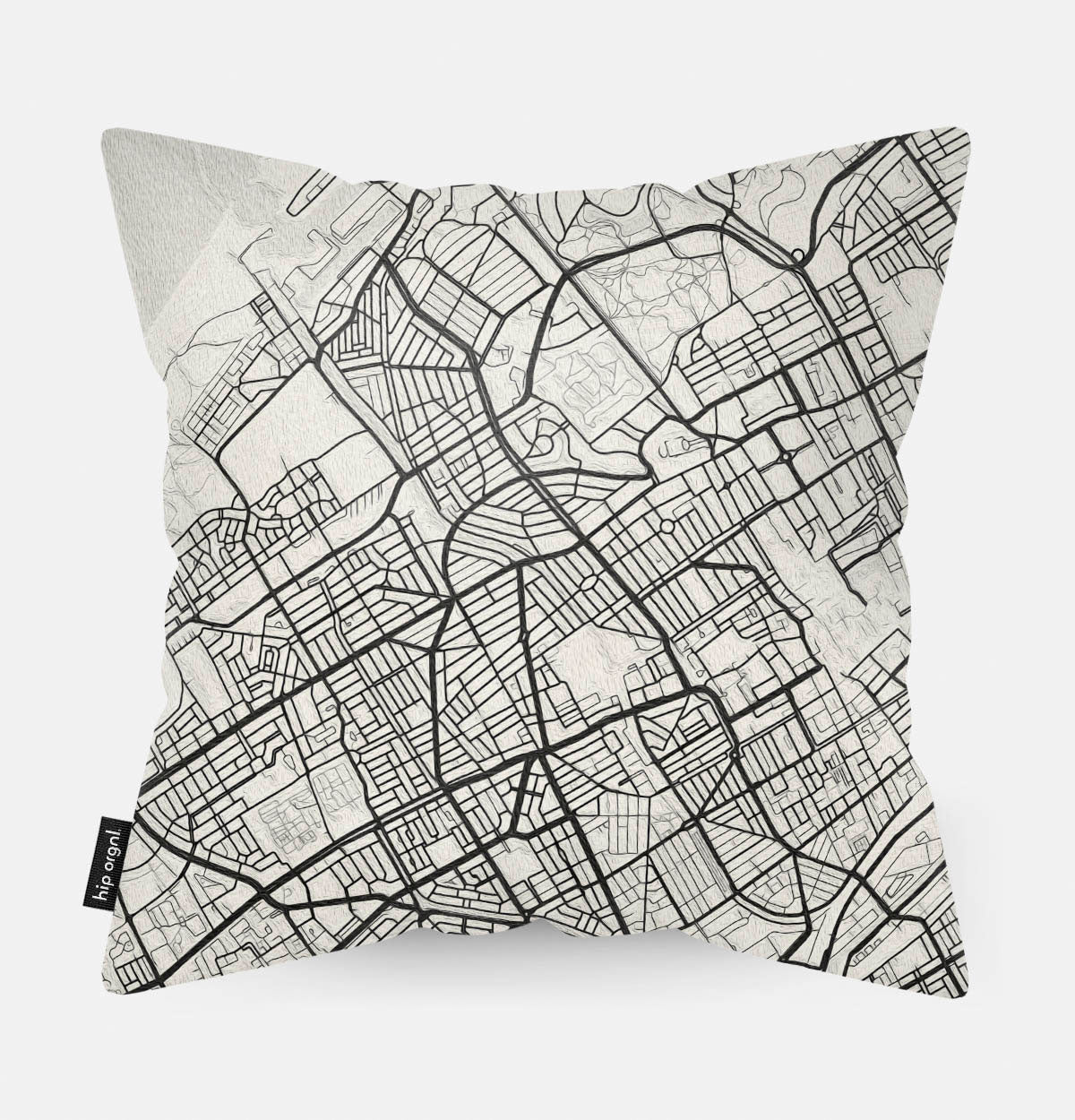 Achterzijde van sierkussen met kaart Den Haag stad in zwart wit