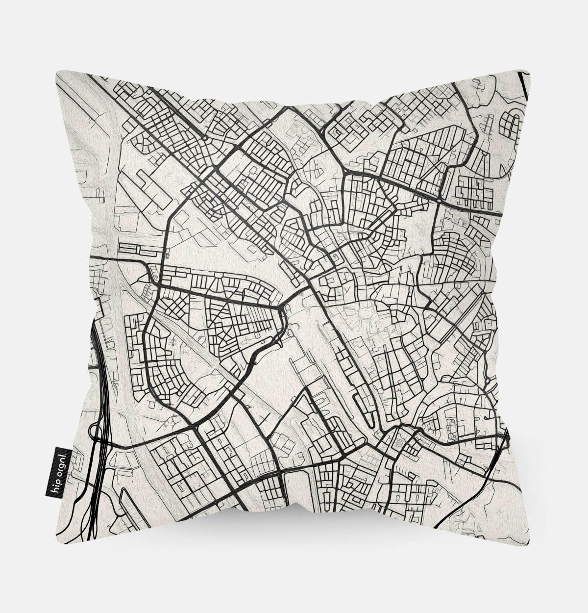 Achterzijde van sierkussen met kaart Utrecht stad in zwart wit