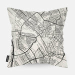 Achterzijde van sierkussen met kaart Utrecht stad in zwart wit