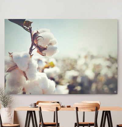 Vierkante wanddecoratie met katoen bloem erop.
