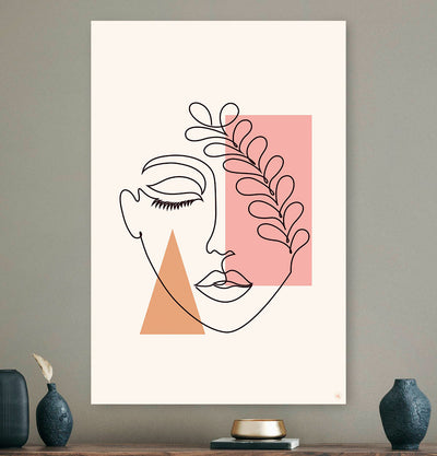 Vierkante wanddecoratie met gezicht met blad over oog in moderne kunst erop.