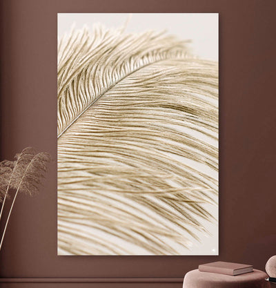 Vierkante wanddecoratie met veer van een struisvogel erop.